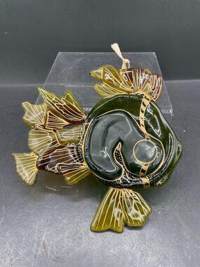 Art Glass Fused Glass Green Brown Gold Tropical Fish Suncatcher Signed SBH